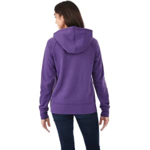 A purple women's fleece hoody with a hood and long sleeves, featuring a logo on the back.