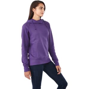 A women's hoodie in a rich purple colour, featuring a front pocket and a hood. The design includes branding.