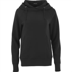 A women's black fleece hoody featuring a kangaroo pocket and drawstring hood, with a logo on the front.