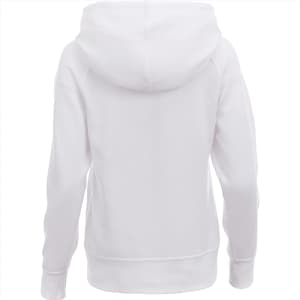 A white women's fleece hoodie with a large hood and a simple design, featuring a logo on the back.