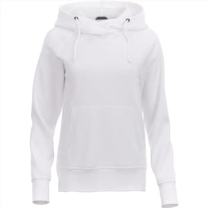 A white women's hoodie with a front pocket, drawstrings, and a hood, featuring a branded logo.