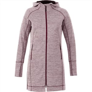 A women's hoodie in a maroon and grey flecked design with a zip front and hood, featuring side pockets.