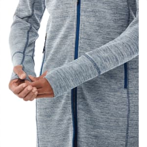 A women's knit zip hoody in a blue-grey blend, featuring a branded logo and thumbhole cuffs.