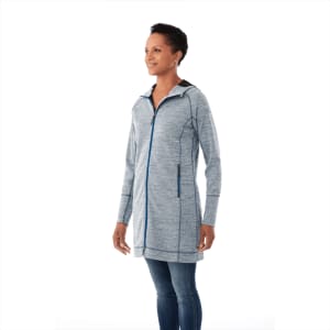 A women's blue knit zip hoodie with long sleeves and a fitted design. It features a logo and two side pockets.