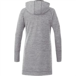 A grey women's hoodie featuring a long design and a hood, with a branding logo on the back.