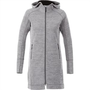 A women's Odell Knit Zip Hoody in grey, featuring a full zip, hood, and side pockets. Includes branding.