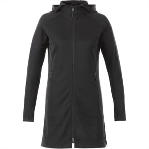 A women's black zip-up hoody with a hood and two side zip pockets, featuring a branding logo.