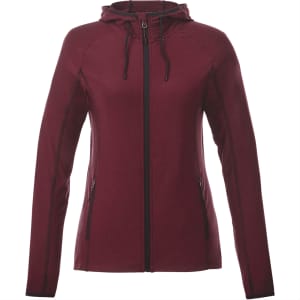 A women's knit jacket in burgundy with a hood, featuring zippered pockets and a branding logo.