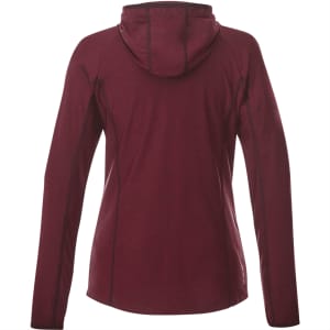 A women's knit jacket in burgundy with a hood and fitted sleeves, featuring a logo on the lower side.