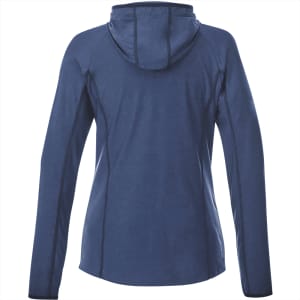 A women's Kaiser Knit Jacket in navy blue, featuring a hood and long sleeves, with a logo on the back.
