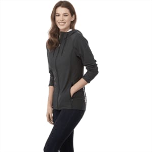 A women's grey knit jacket with a hood, featuring zippered pockets and a logo on the side.