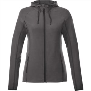 A women's grey knit jacket with a hood, featuring zippered pockets and a fitted design. It has a logo on the front.