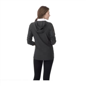A women's jacket in dark grey with a hood, featuring a logo on the sleeve.