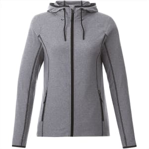 A women's grey knit jacket with a hood and black zippers, featuring side pockets and a logo.