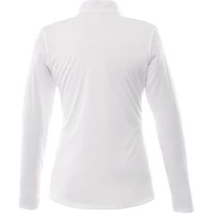 A women's half zip jacket in white, featuring long sleeves and a simple design. It has a logo on the back.