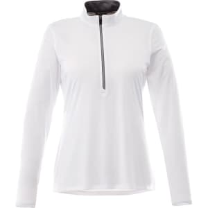 A women's half zip jacket in white with a black collar and a subtle logo. Ideal for various outdoor activities.