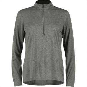 A grey half-zip long sleeve jacket featuring a high collar and a logo. Suitable for women's wear.
