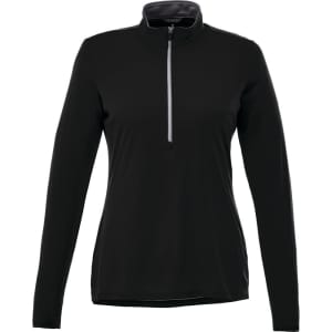 A black women's half-zip jacket with long sleeves, featuring a zippered collar and a branding logo.