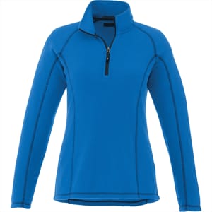 A bright blue women's polar fleece half zip jacket with long sleeves and a small zippered neck. Features a logo.