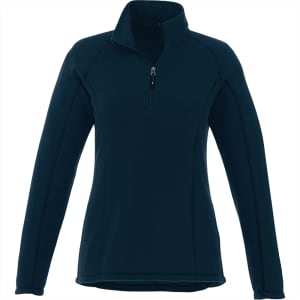 A women's half zip polar fleece jacket in navy blue with a fitted design and a branding logo.