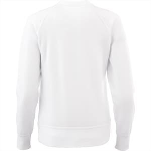 A white women's fleece crew jumper with a simple design and a logo on the back.