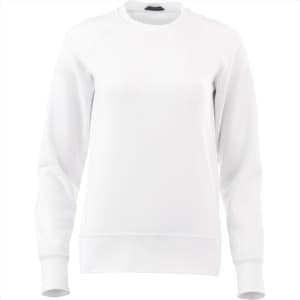 A white women's fleece crew jumper featuring a round neckline and long sleeves. Includes branding on the garment.
