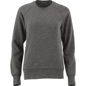 A grey women's crew jumper featuring long sleeves and a relaxed fit, with a logo on the garment.