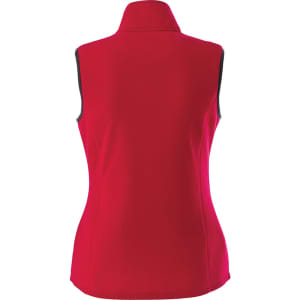 A red women's vest made of polyfleece featuring a high collar and a logo.