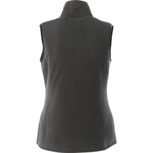 A women's polyfleece vest in a dark grey colour with a high collar and no sleeves. Features a logo.