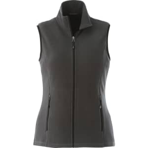 A women's sleeveless vest in dark grey fleece, featuring a high collar and front zip with two side pockets.