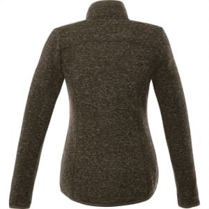 A green knit jacket for women with a fitted design and a high collar. It features long sleeves and has a logo.