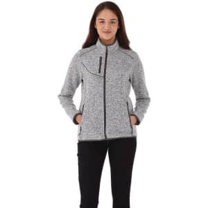 A women's knit jacket in grey, featuring a zip front and pockets, with a logo.