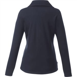 A women's knitted jumper in navy with a half zip and a collar, featuring a logo on the side.