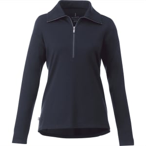 A women's navy knitted jumper featuring a half zip and a collar, with a logo on the front.