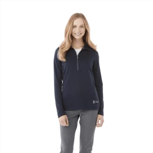 A knitted jumper in navy blue featuring a half-zip design and long sleeves. It has branding on the front.