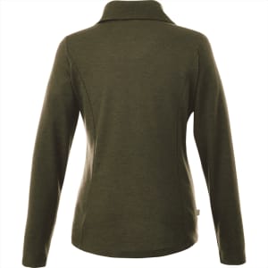 A green knitted jumper with a half zip and a high collar, featuring long sleeves and a subtle, textured pattern.