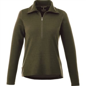 A knitted women's jumper in olive green with a half zip and long sleeves. It features a branding logo.