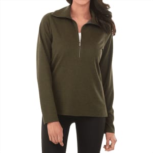 A green knitted half zip jumper for women, featuring long sleeves and a zippered neckline. Includes a logo.