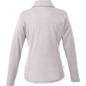 A light grey knitted jumper with a half zip and long sleeves, featuring a collar and a logo.