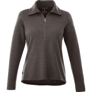 A women's knitted jumper in dark grey with a half zip and a collar. Features a logo on the upper.