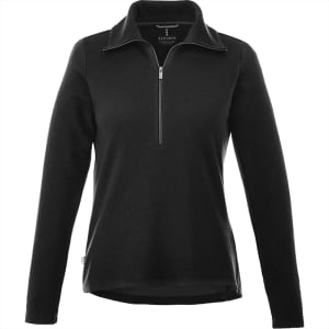 A black women's knitted jumper featuring a half-zip design and a collar. It has a subtle logo detail.