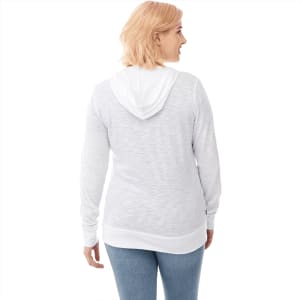 A women's full zip hoody in light grey with a hood and long sleeves, featuring a logo on the back.