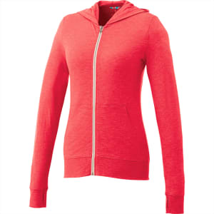 A red full zip hoodie for women with a hood and long sleeves, featuring a logo.