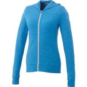 A blue women's full zip hoodie with a hood and long sleeves, featuring a logo.