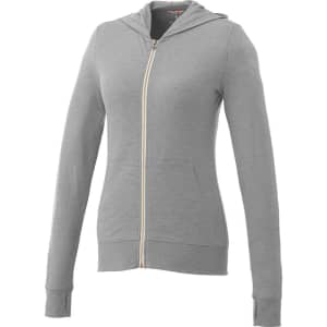 A grey women's knit full zip hoody featuring a hood and front pockets, with a logo on the design.