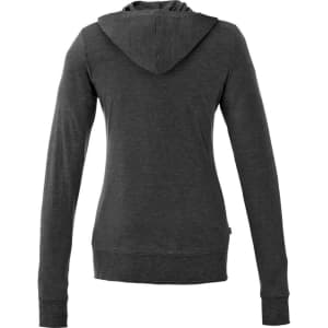 A women's full zip hoody in charcoal grey, featuring a hood and long sleeves, with a small logo.