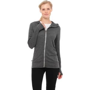 A grey women's full zip hoodie with a fitted design, featuring a hood and logo.