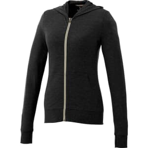 A women's full zip hoodie in dark grey with long sleeves and a hood, featuring a front pocket and a logo.