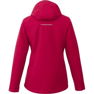 A women's fleece lined jacket in vibrant red, featuring a hood and a discreet logo on the back.