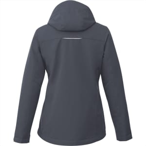 A women's fleece-lined jacket in dark grey with a hood and a branded logo on the back.
